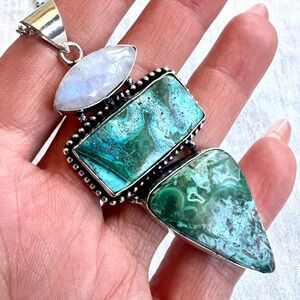 925 OOAK! Flash Moonstone + Malachite Chrysocolla Pendant Necklace